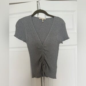 Maje Sparkle Gray Ribbed V-Neck Knit Top